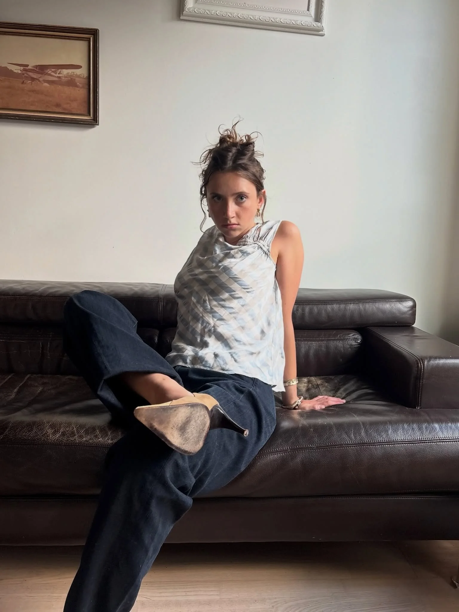 Lindsey&rsquo;s wearing a European-made satin plaid blouse &mdash; size L &amp; Diesel Dark Denim &mdash; fit like a size 27. Available at our pop up August 16th with @sundayvarietymarket