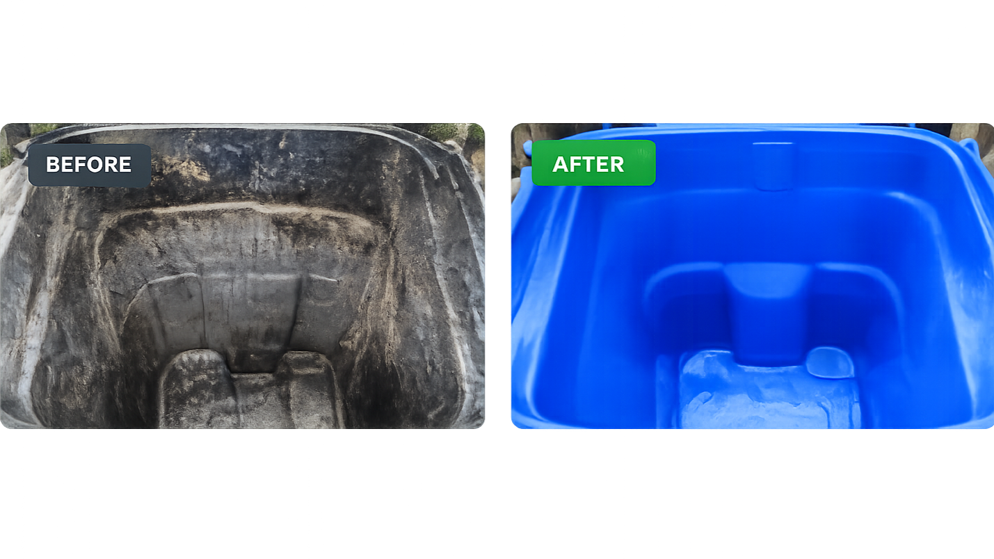 Comparison of a dirty, worn brown garbage bin labeled 'BEFORE' with a clean, bright blue garbage bin labeled 'AFTER'.