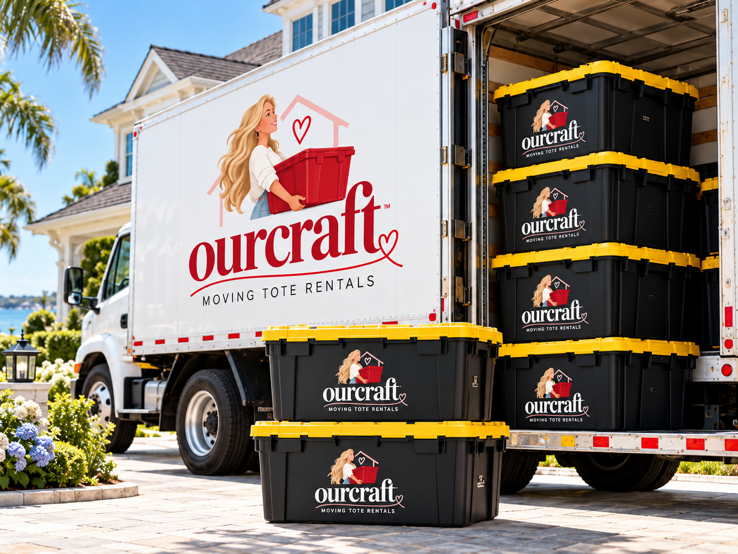 Moving truck with Ourcraft logo and girl carrying a box, with stacked black and yellow storage containers in the back.
