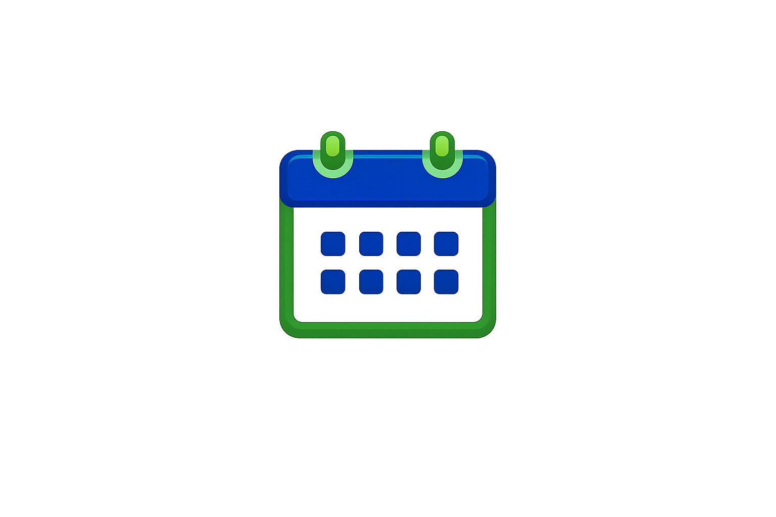 A digital illustration of a calendar icon with a blue top and green body, featuring a grid of seven squares representing days, and two green hanging hooks at the top.