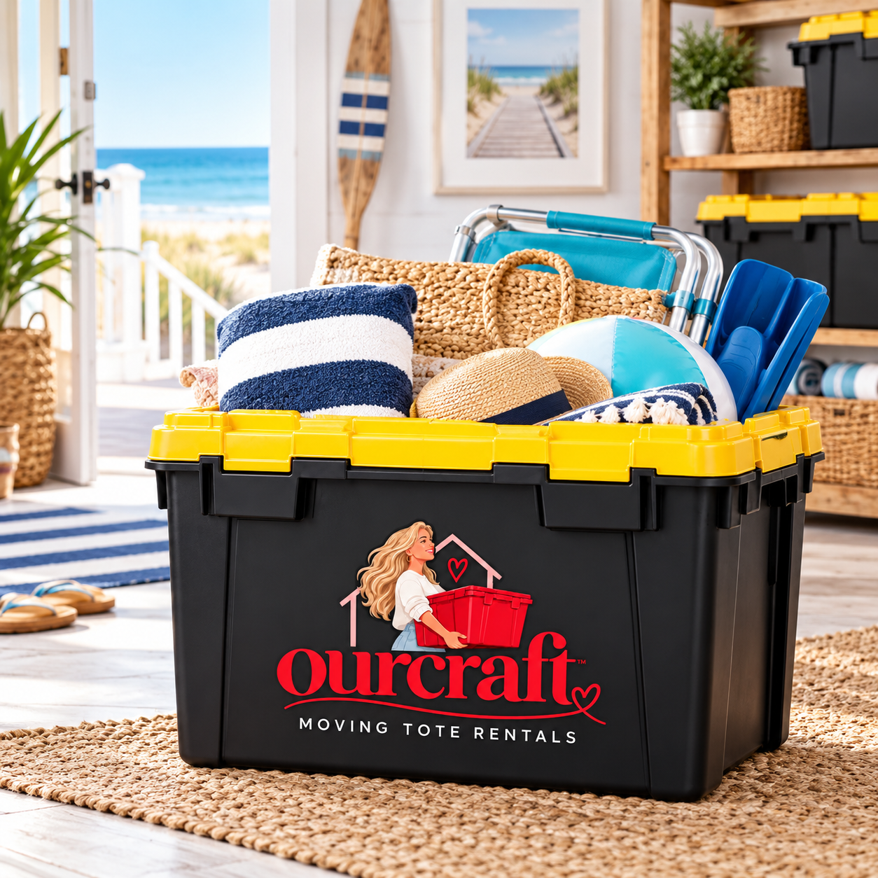 A black moving tote with a yellow lid filled with beach accessories, including towels, hats, a beach ball, and a beach chair, in a room with ocean view details.