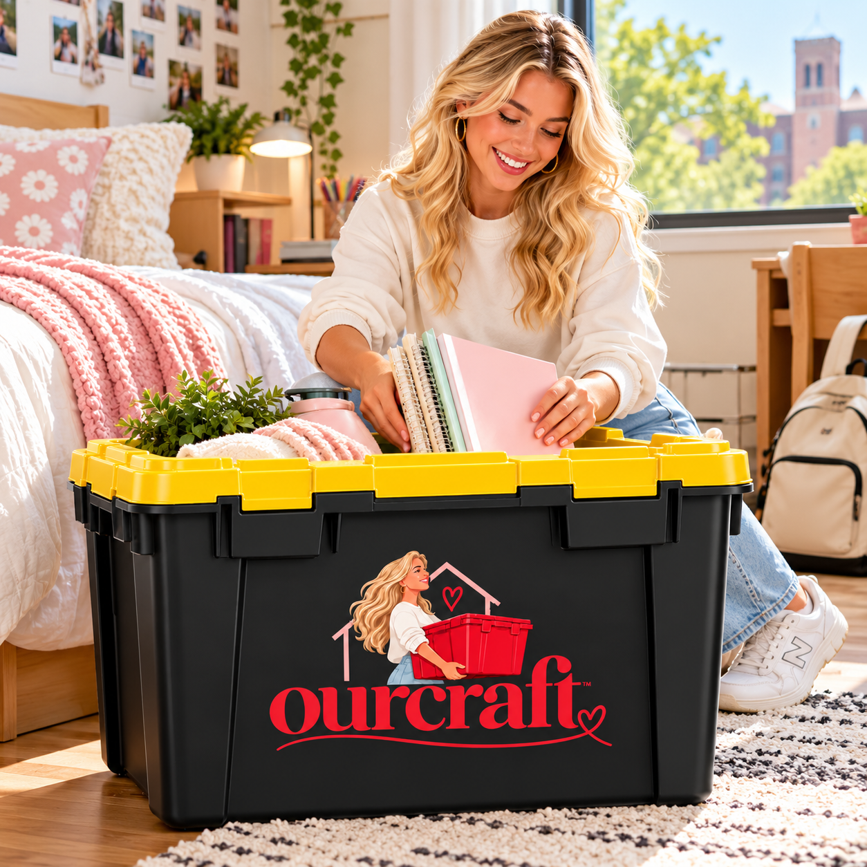 A young woman with long blonde hair sitting on the floor next to a bed, smiling while packing notebooks and folders into a large storage bin labeled 'Ourcraft' with a woman carrying a red box logo. The room is bright with a large window showing trees and buildings outside, and decorated with photos on the wall, plants, and cozy bedding.