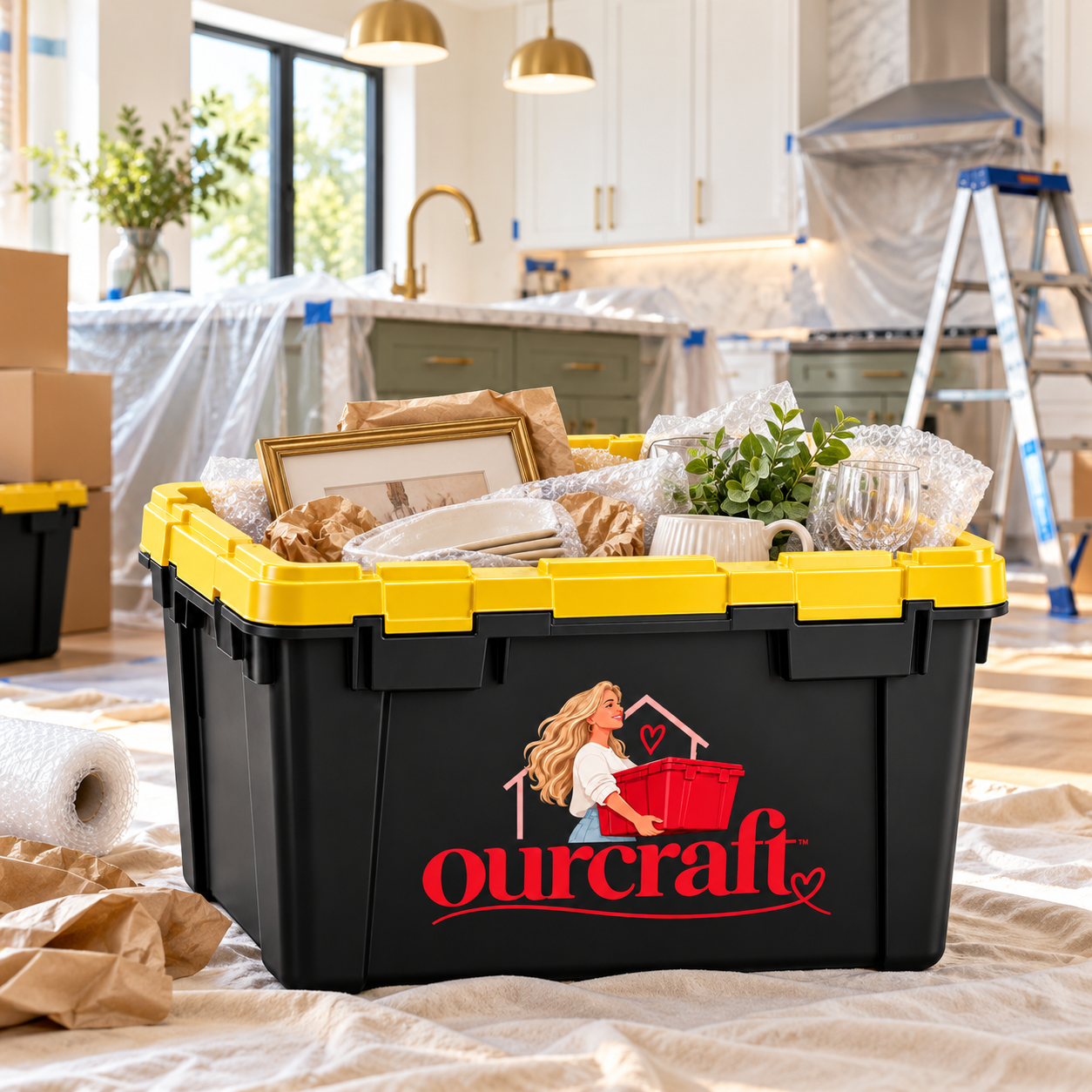 A black and yellow storage bin filled with decor items such as a framed picture, potted plant, glasses, and dishes, placed on a beige surface in a bright kitchen under renovation.