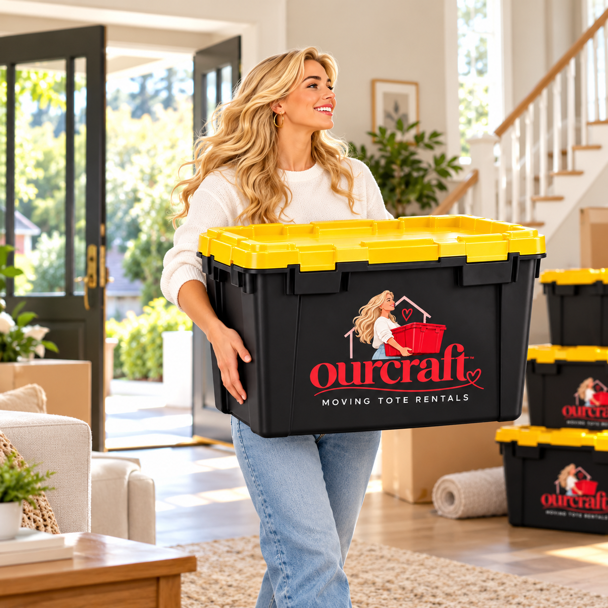 A cheerful woman with blonde curly hair carrying a black and yellow moving tote with Ourcraft branding inside a home. The house has large windows, a staircase, and moving boxes.