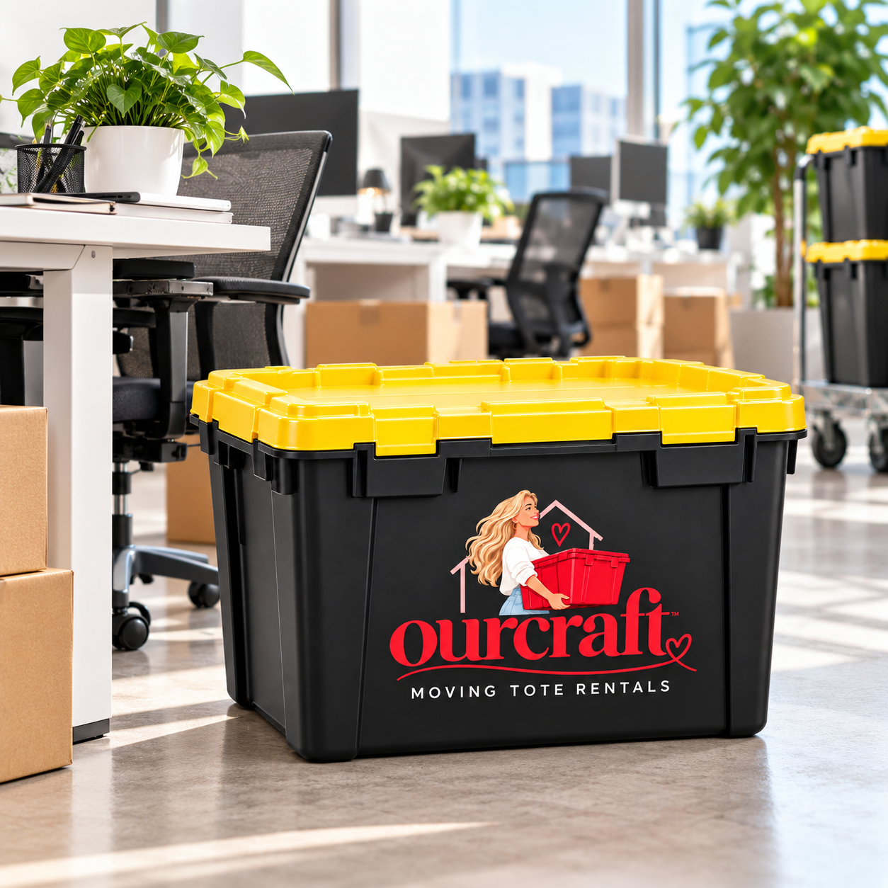 A black moving tote with a yellow lid and the Ourcraft logo, featuring a woman holding a red box, in an office space with desks, chairs, plants, and boxes.