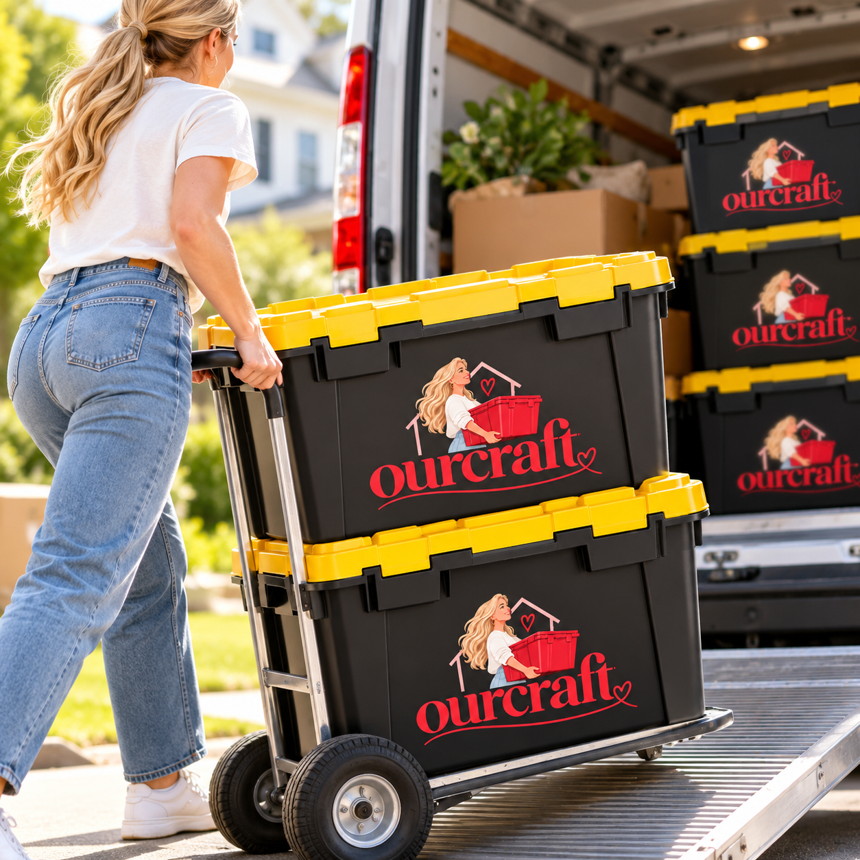 A woman loading black storage bins with yellow lids into a truck. The bins have a logo of a woman with long hair holding a red box, with the word 'ourcraft' underneath. The truck is outside on a sunny day.