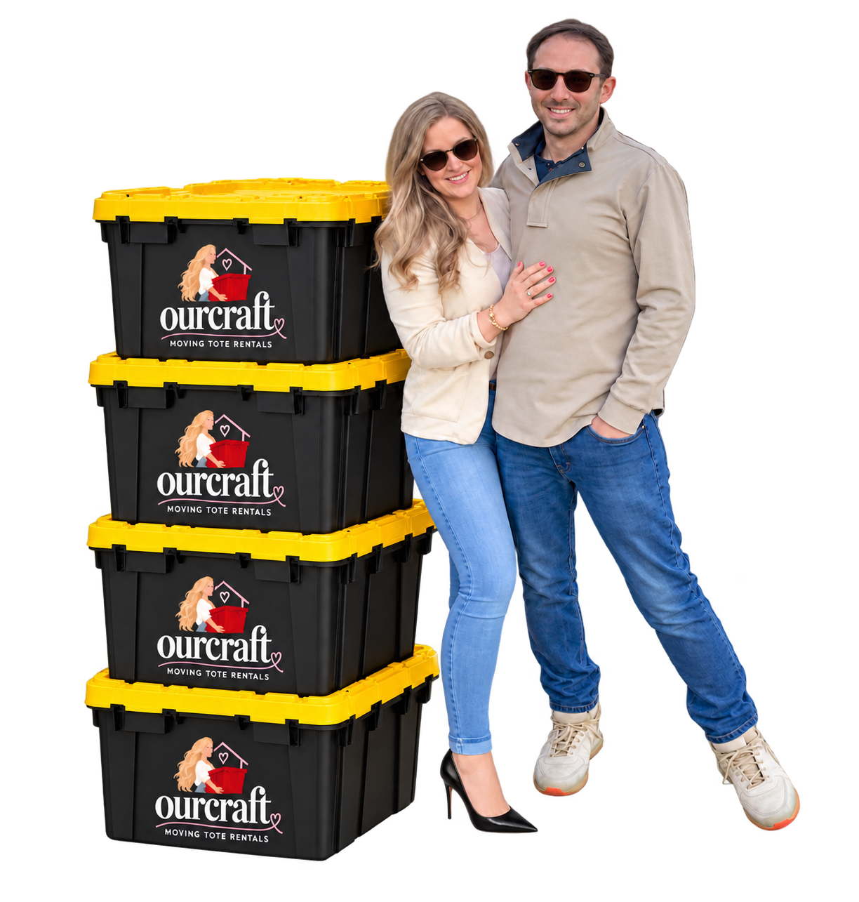 A smiling couple standing beside three stacked black moving boxes with yellow lids and 'ourcraft moving tote rentals' logos, one woman and one man, both wearing sunglasses, standing outdoors.