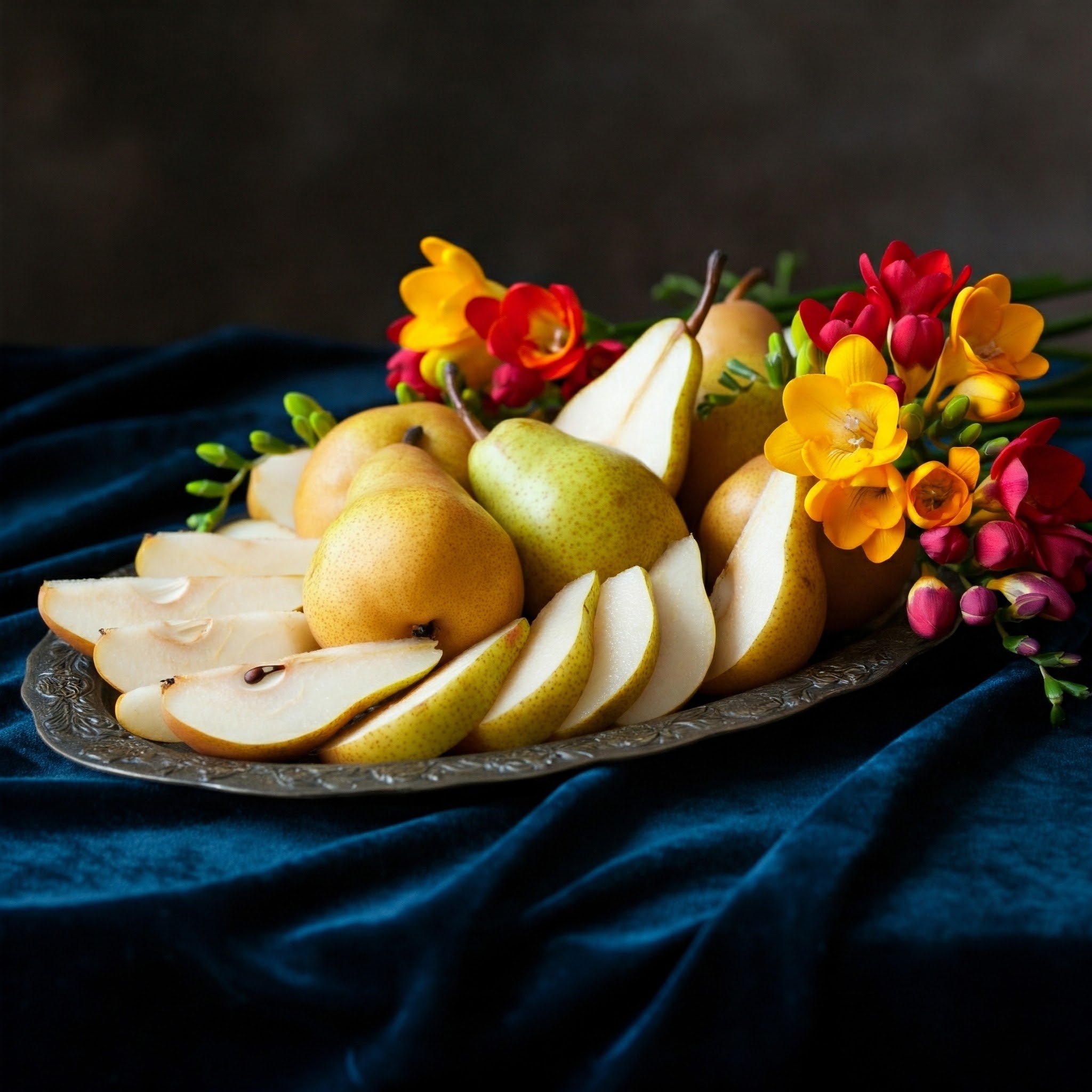Tray of sliced pears and freesia flowers on a dark blue velvet cloth, representing the fresh and floral fragrance of K-Scents Pear and Freesia Grasse Diffuser