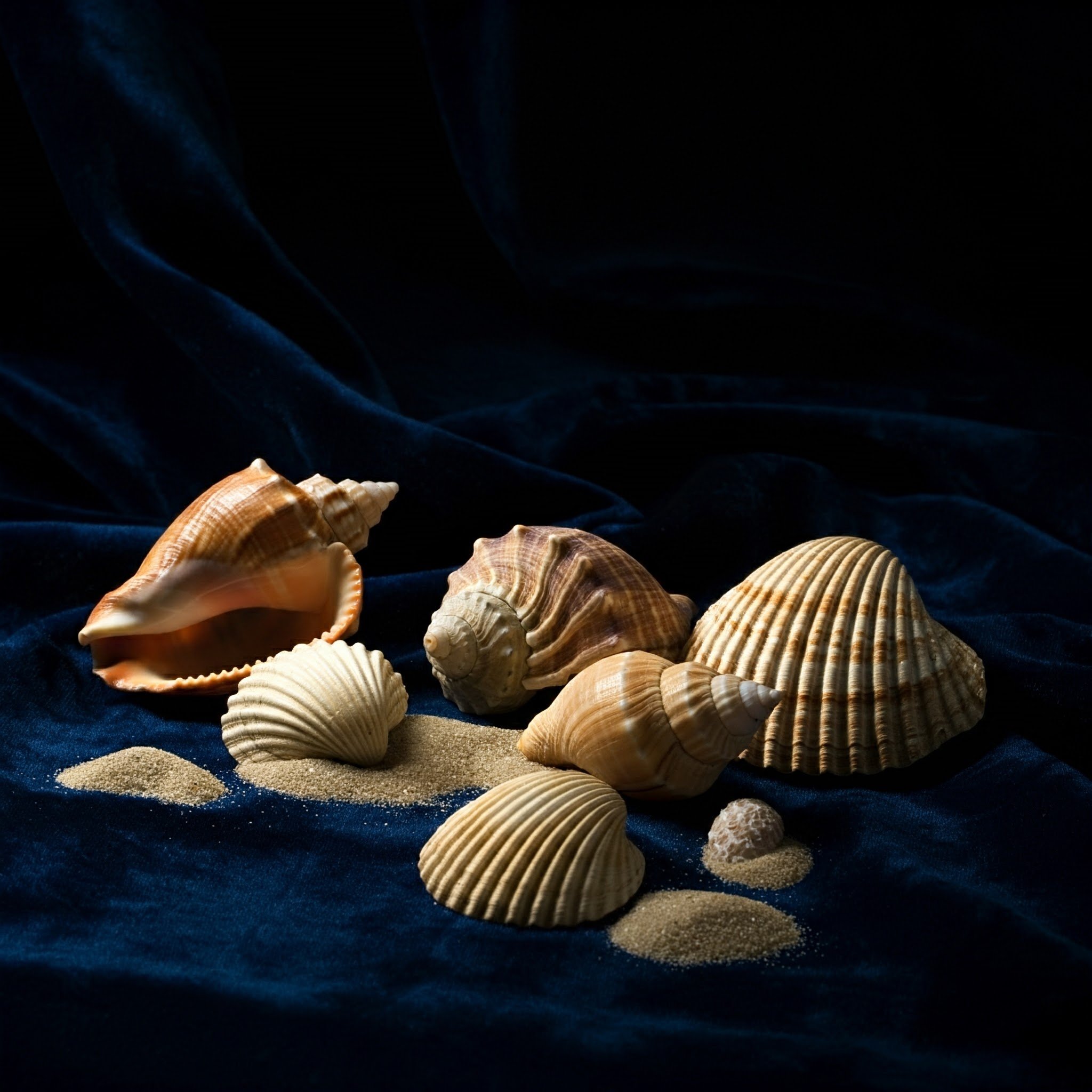 Stream of seashells and sand on a dark blue velvet cloth, representing the refreshing and coastal fragrance of K-Scents Naples Blue Grasse Perfume