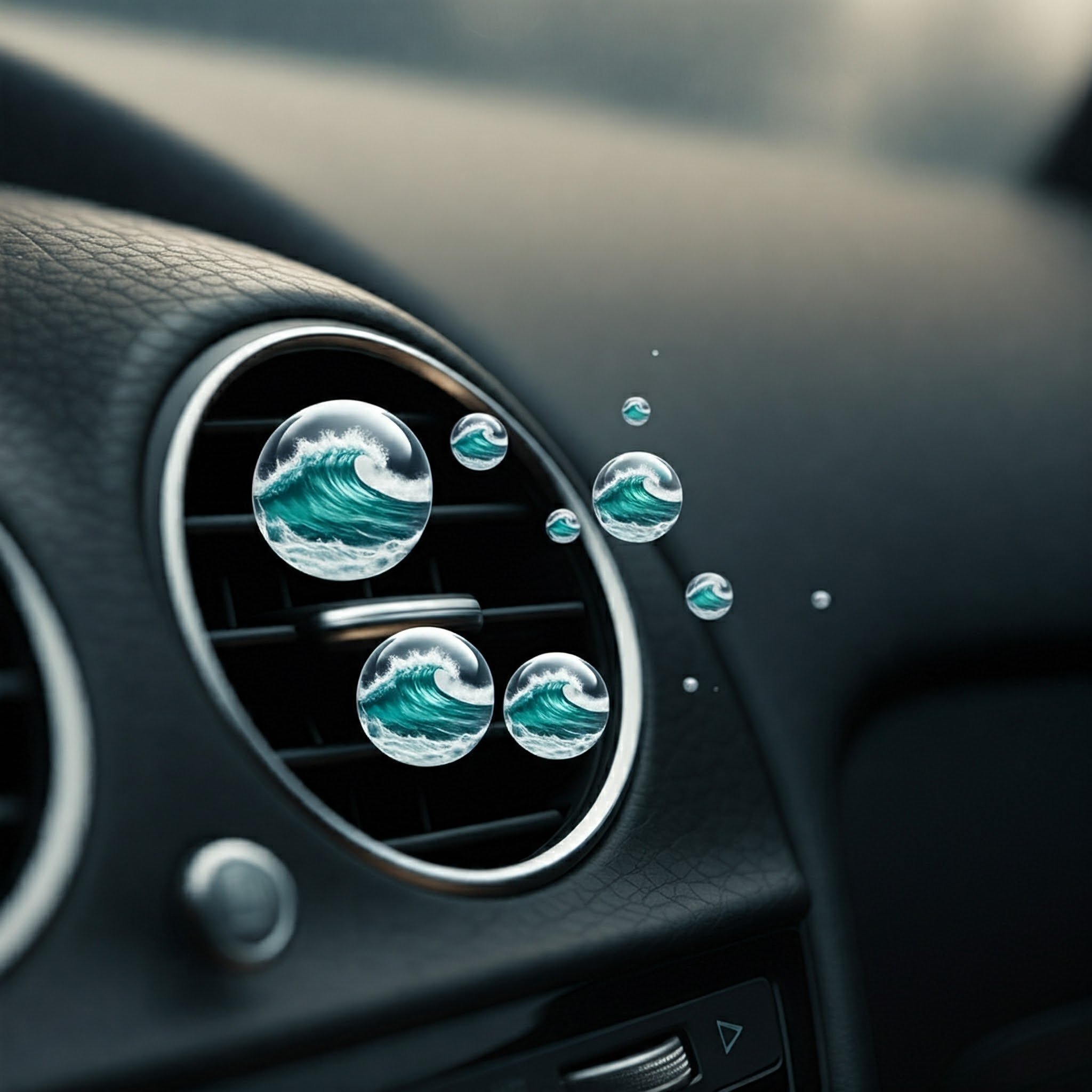 Bubbles with waves of water flowing out of a car air vent, representing the fresh and aquatic fragrance of K-Scents Cool Aqua Grasse Vent Clip