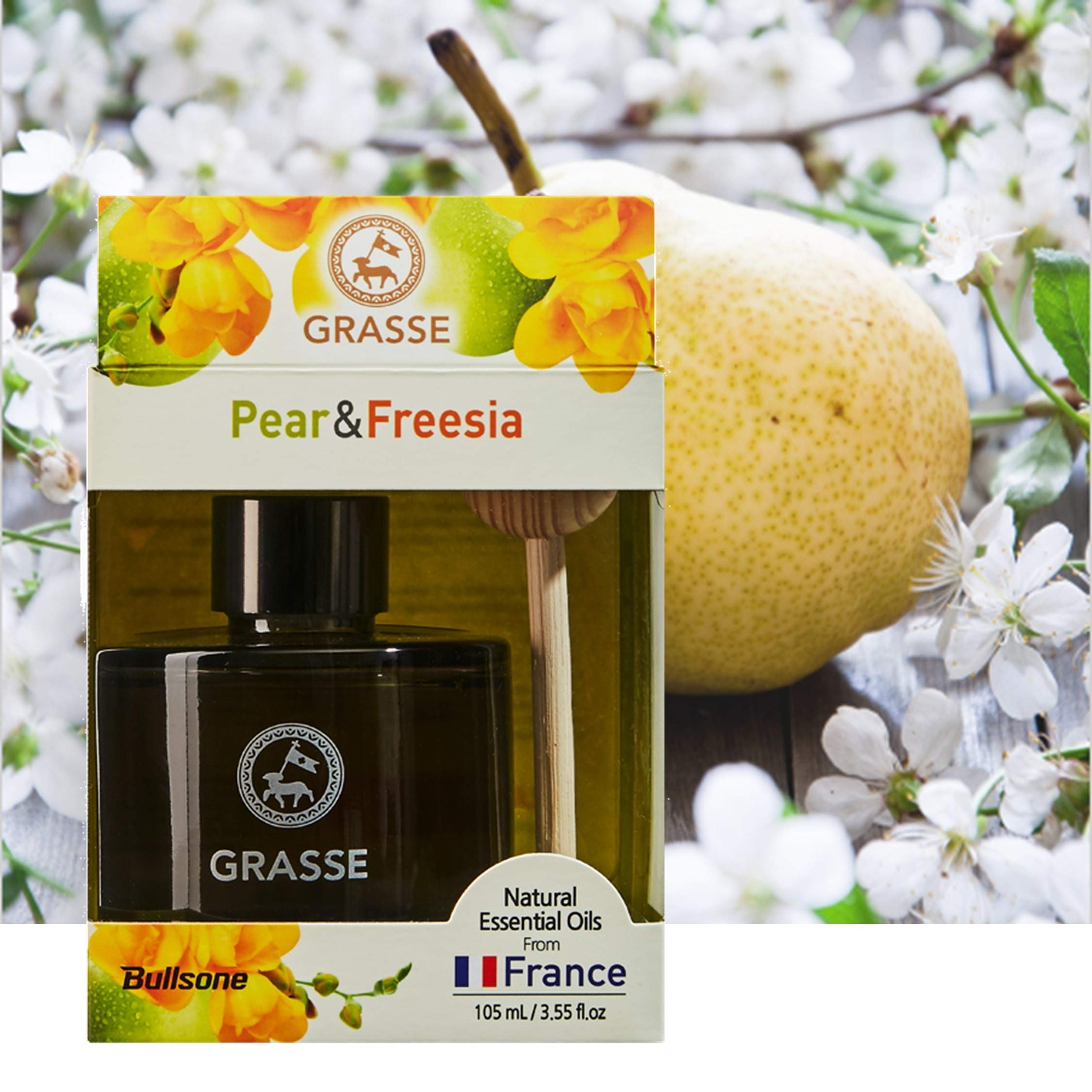 Package for K-Scents Pear and Freesia Grasse Diffuser, featuring premium all-natural essential oils for a fresh and floral fragrance