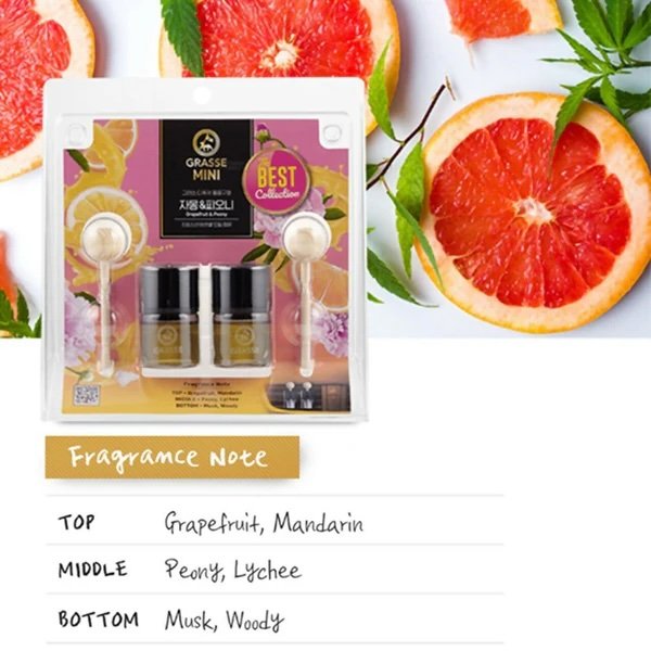 Package for K-Scents Grapefruit & Peony Grasse Vent Clip, featuring premium all-natural essential oils for a refreshing and floral scent in your car