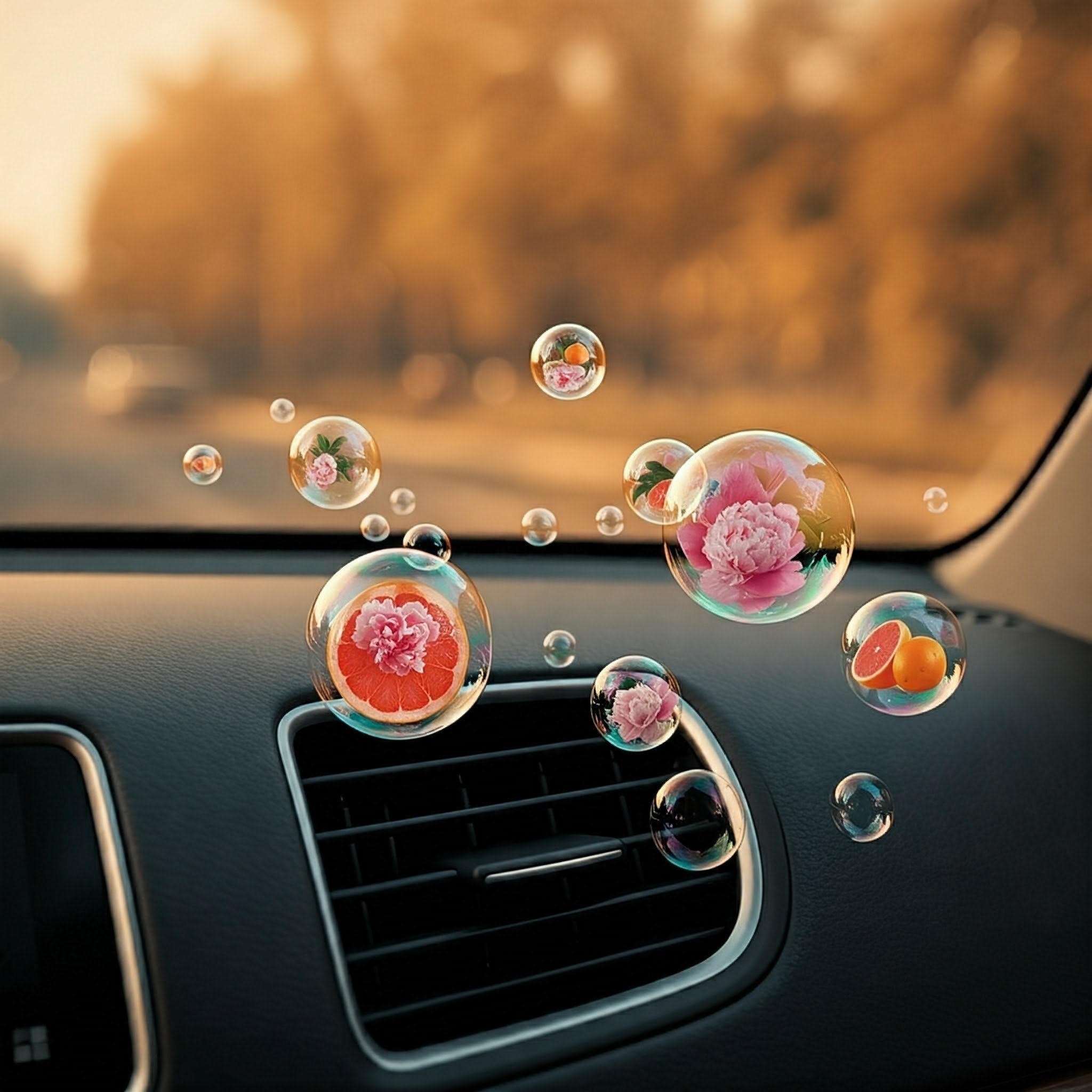 Bubbles with grapefruits and peony flowers flowing out of a car air vent, representing the vibrant and floral fragrance of K-Scents Grapefruit & Peony Grasse Vent Clip