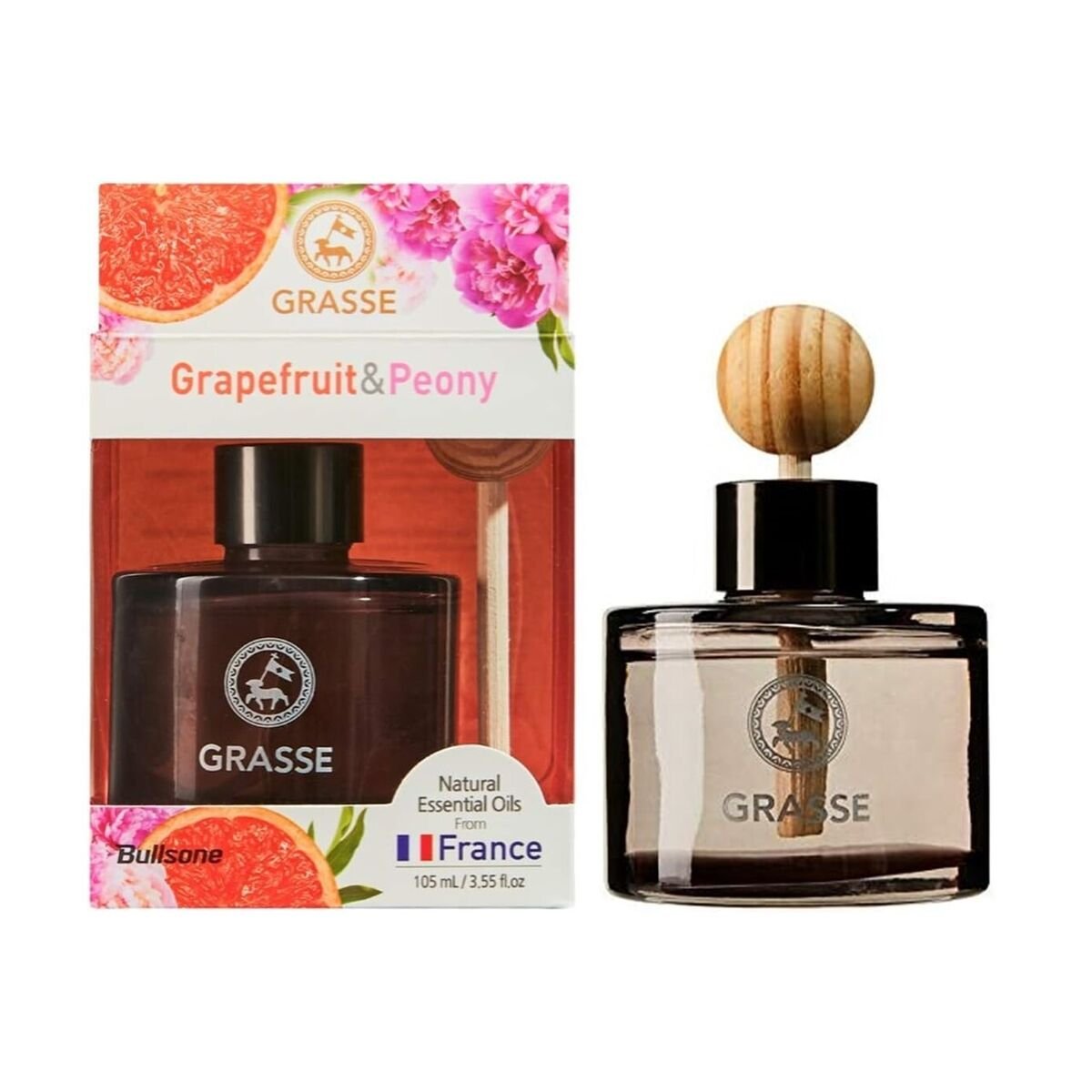 Package for K-Scents Grapefruit & Peony Grasse Diffuser, featuring premium all-natural essential oils for a refreshing and floral scent