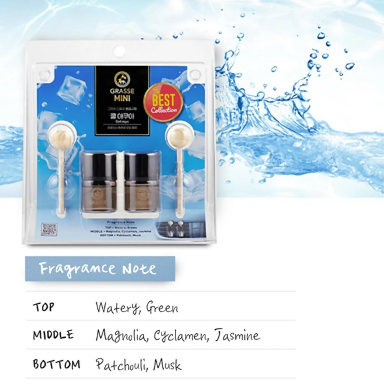 Package for K-Scents Cool Aqua Grasse Vent Clip, featuring premium all-natural essential oils for a refreshing and calming fragrance in your car