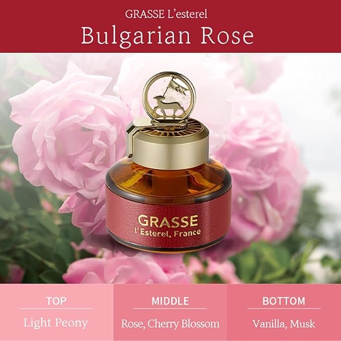 K-Scents Bulgarian Rose Grasse Perfume bottle in the foreground with a description of its rich, floral scent in the background, showcasing premium all-natural essential oils