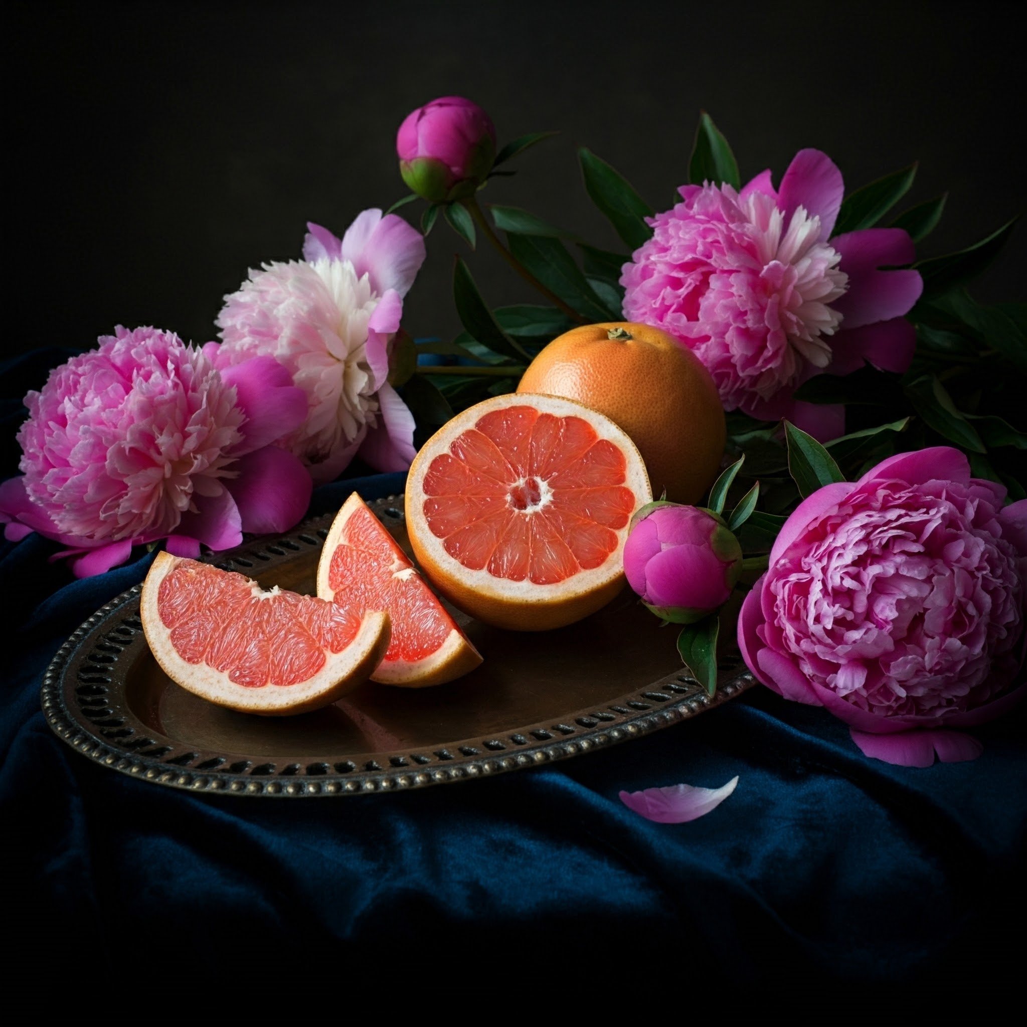 Tray of sliced grapefruit and peony flowers on a dark blue velvet cloth, representing the vibrant and floral fragrance of K-Scents Grapefruit & Peony Grasse Diffuser