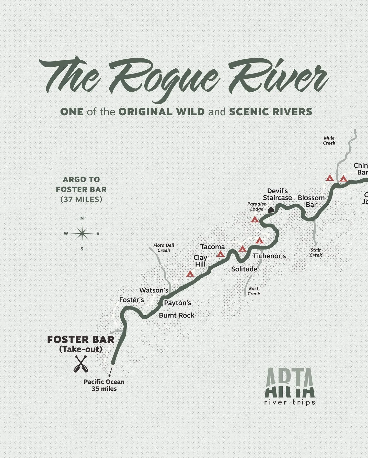 Maps are a different kind of design challenge. Every element has to earn its place, and the whole piece still needs to feel like somewhere you&rsquo;d actually want to go. This one for ARTA River Trips traces 37 miles of the Rogue River, one of the o