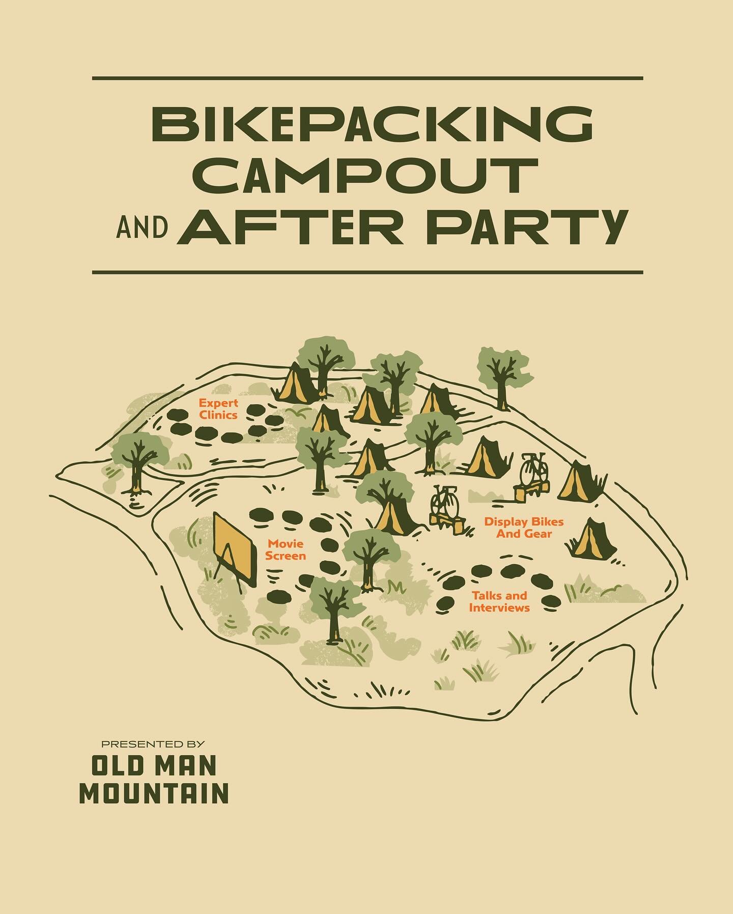 Not every deliverable is a logo or a label. Old Man Mountain needed a campground map for their Bikepacking Campout and After Party, and this is what came out of it. Illustrated overview, event landmarks, the whole scene. Functional and fun. 
.
.
.
.
