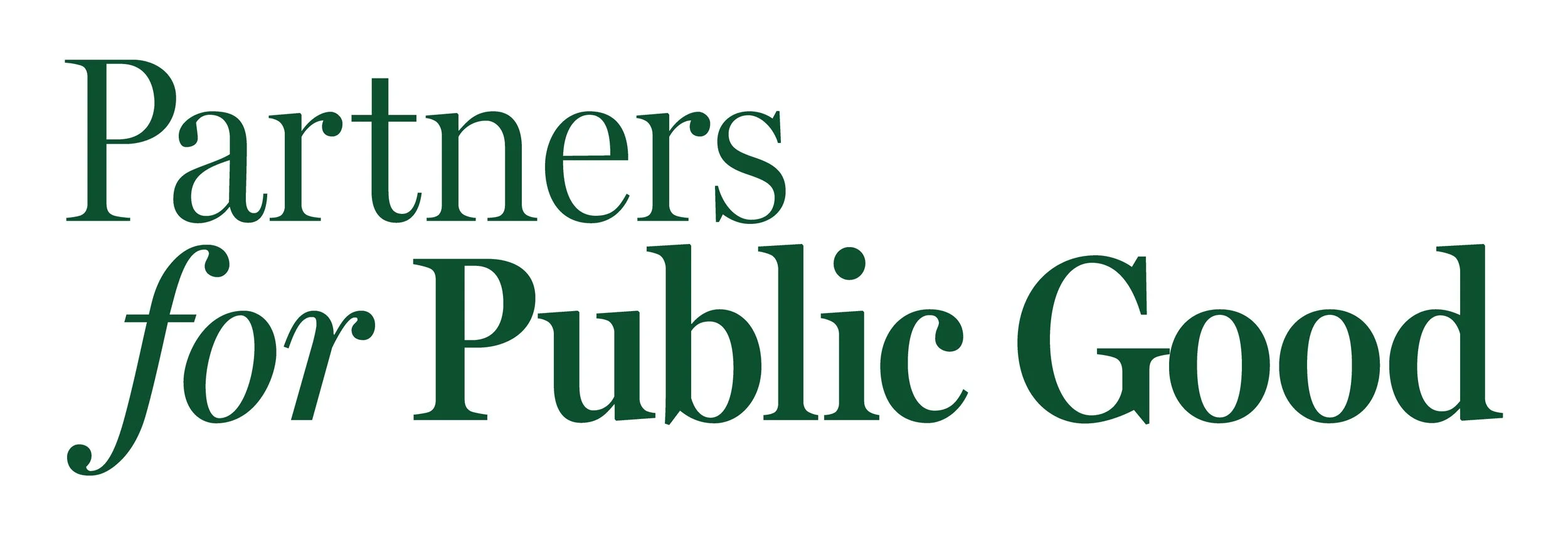 Text in green font that reads 'Partners for Public Good' on a white background.