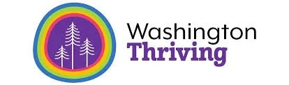 Washington Thriving logo with purple trees inside a rainbow-colored circle