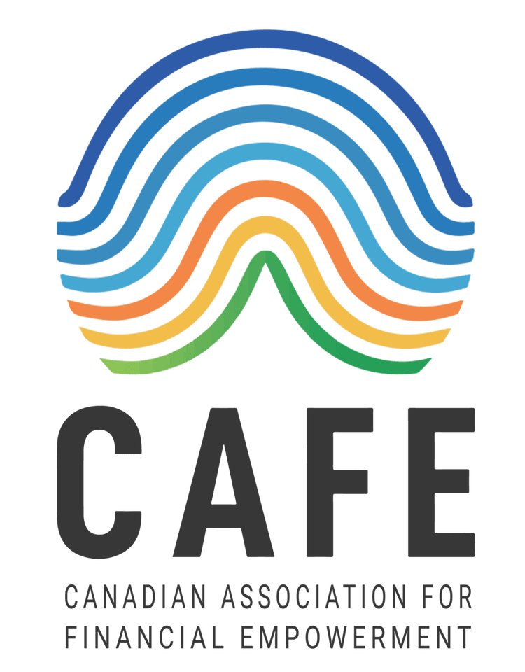 Logo of the Canadian Association for Financial Empowerment, featuring a rainbow-like design with multiple colored lines above the acronym 'CAFE' and the full name below.