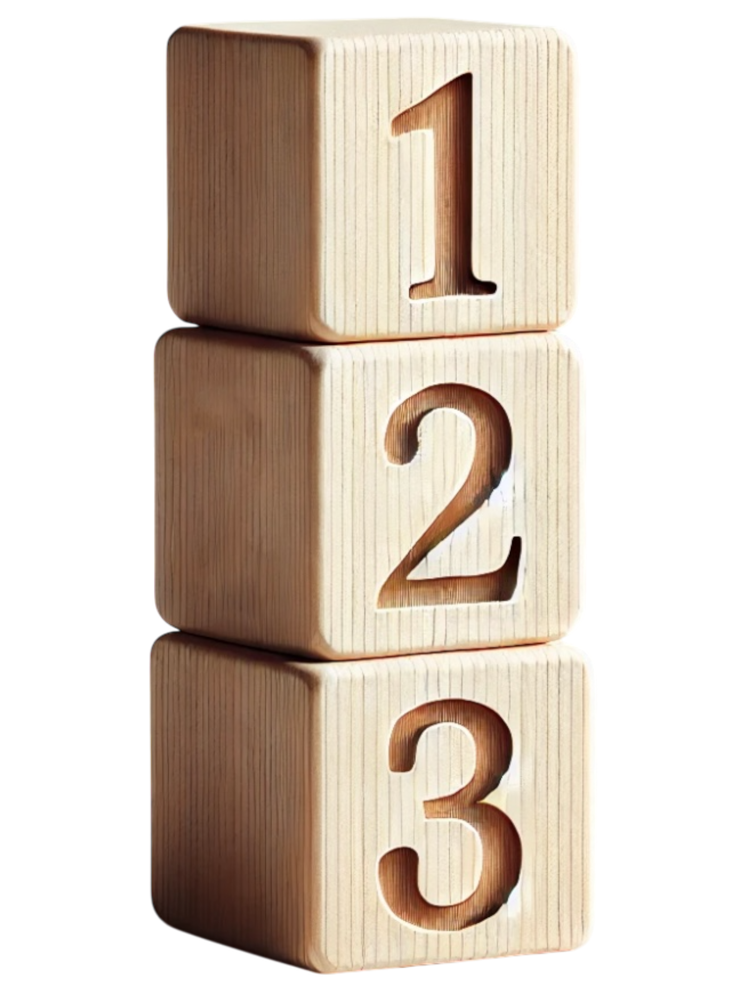 Three wooden blocks with carved numbers 1, 2, and 3.