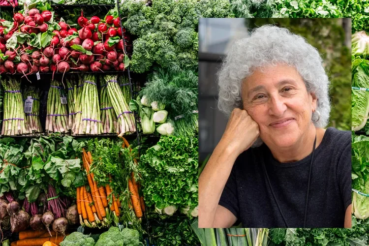 Portrait of Marion Nestle overlaid on a colorful farmers market display of fresh vegetables