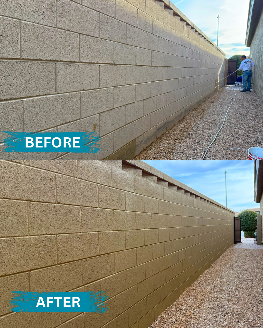 Before and after block wall painting project in Cibola Vista Peoria, Arizona by James Painting Arizona using Dunn Edwards exterior paint to refresh and protect an HOA community wall in North Peoria.