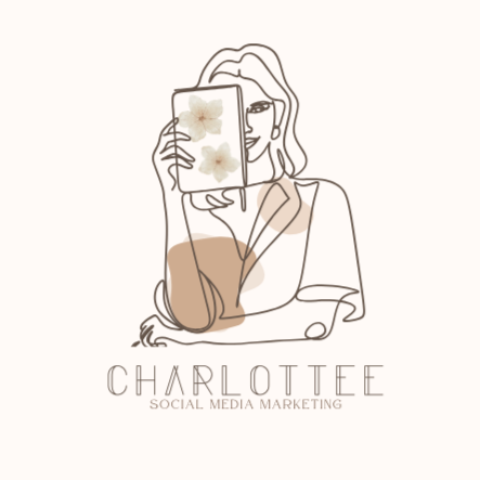 A line drawing of a woman with wavy hair, holding a tablet with flowers on it, covering one eye, with the text 'CHARLOTTEE SOCIAL MEDIA MARKETING' below.
