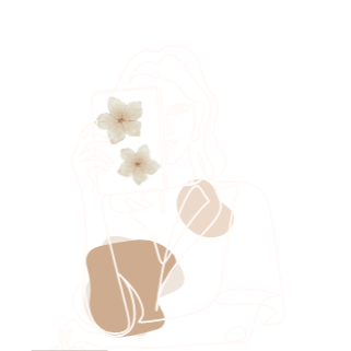 Outline drawing of a woman holding a phone with flowers on the screen.