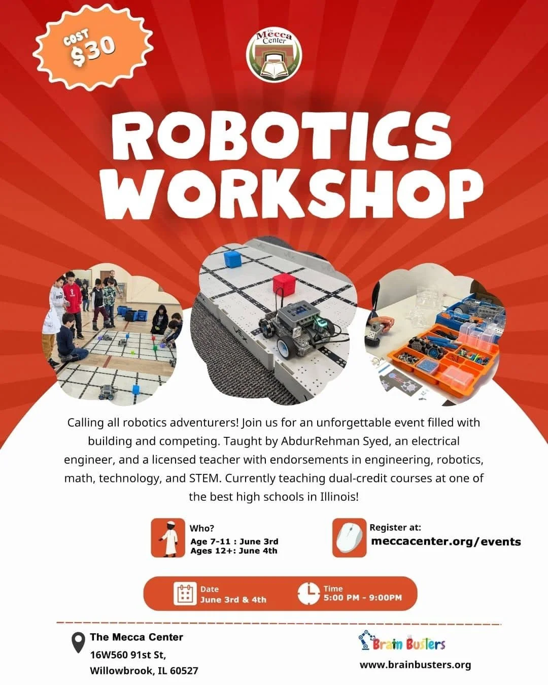 Robotics class flyer for Brain Busters Summer 2025 program in Chicago suburbs