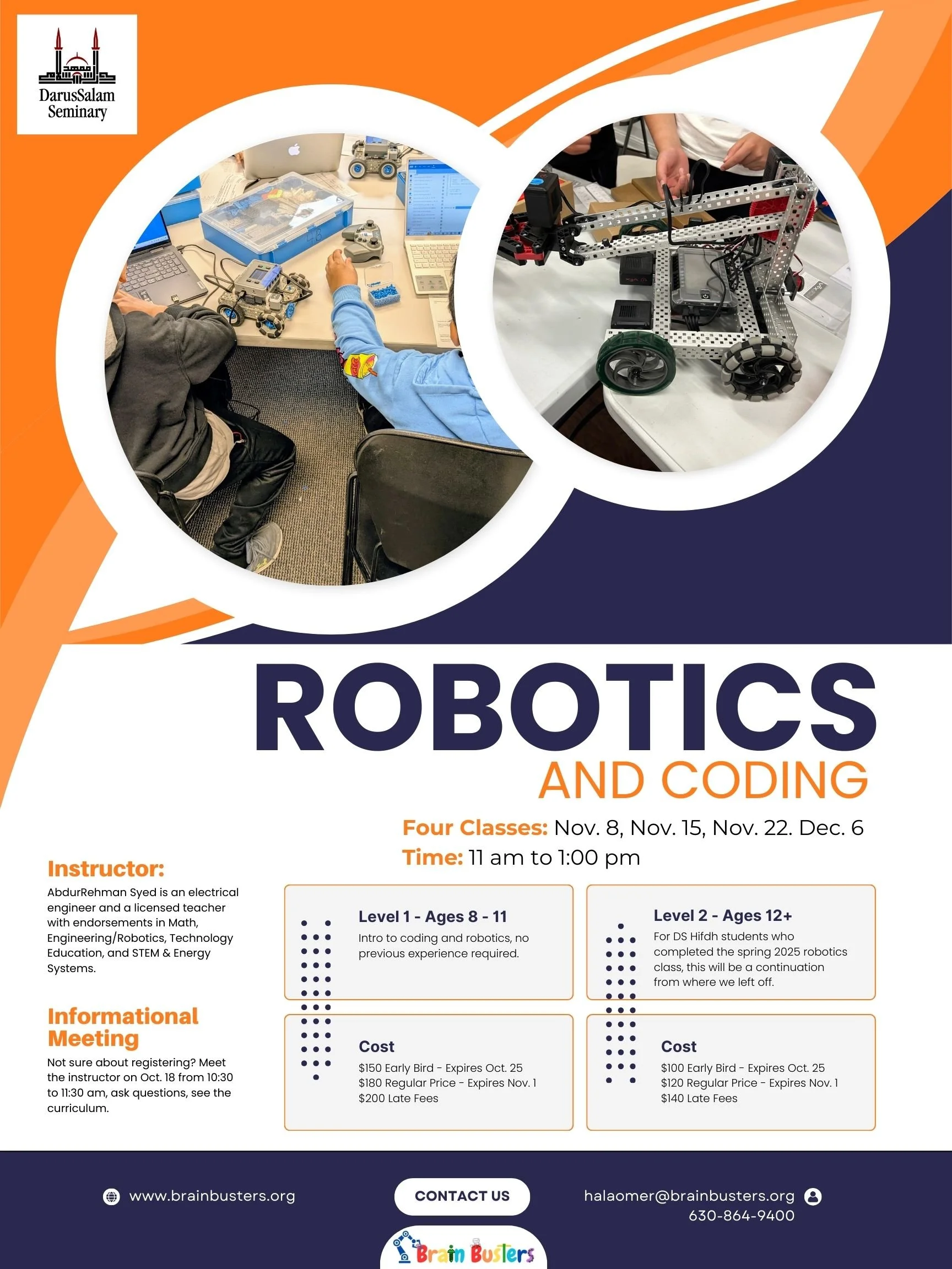 Coding and robotics class flyer for Brain Busters Summer 2025 program in Chicago suburbs