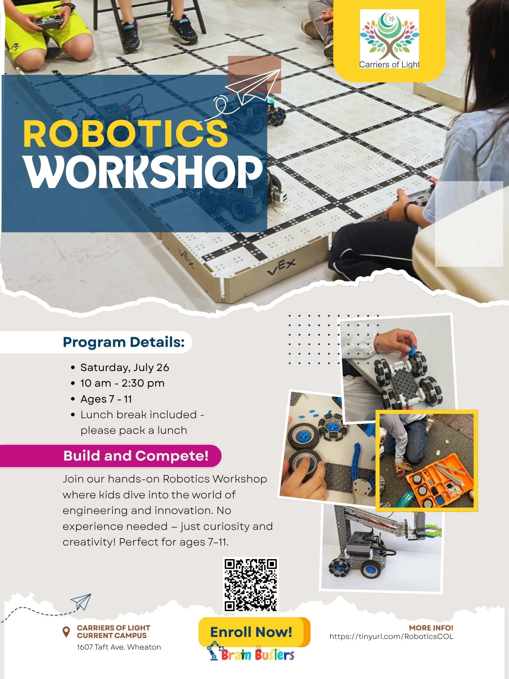 Robotics class flyer for Brain Busters 2025 program in Chicago suburbs