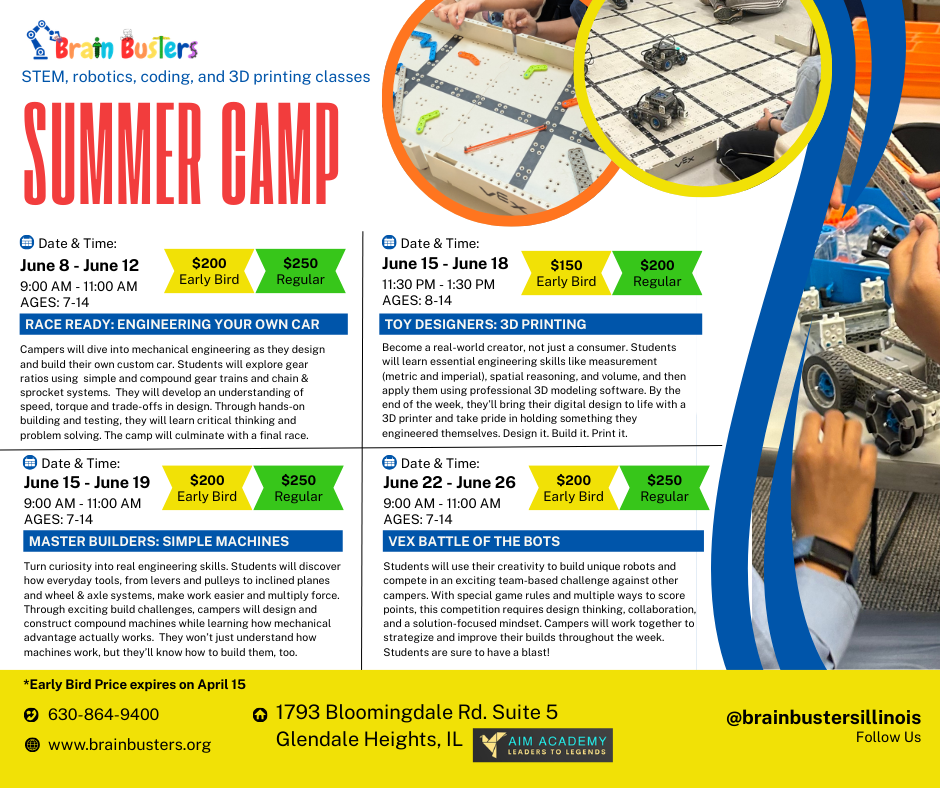 Summer STEM Camp flyer in Glendale Heights, Illinois – children building robots, coding, and 3D printing, highlighting hands-on activities in coding, robotics, aerospace engineering, and STEM workshops for kids.