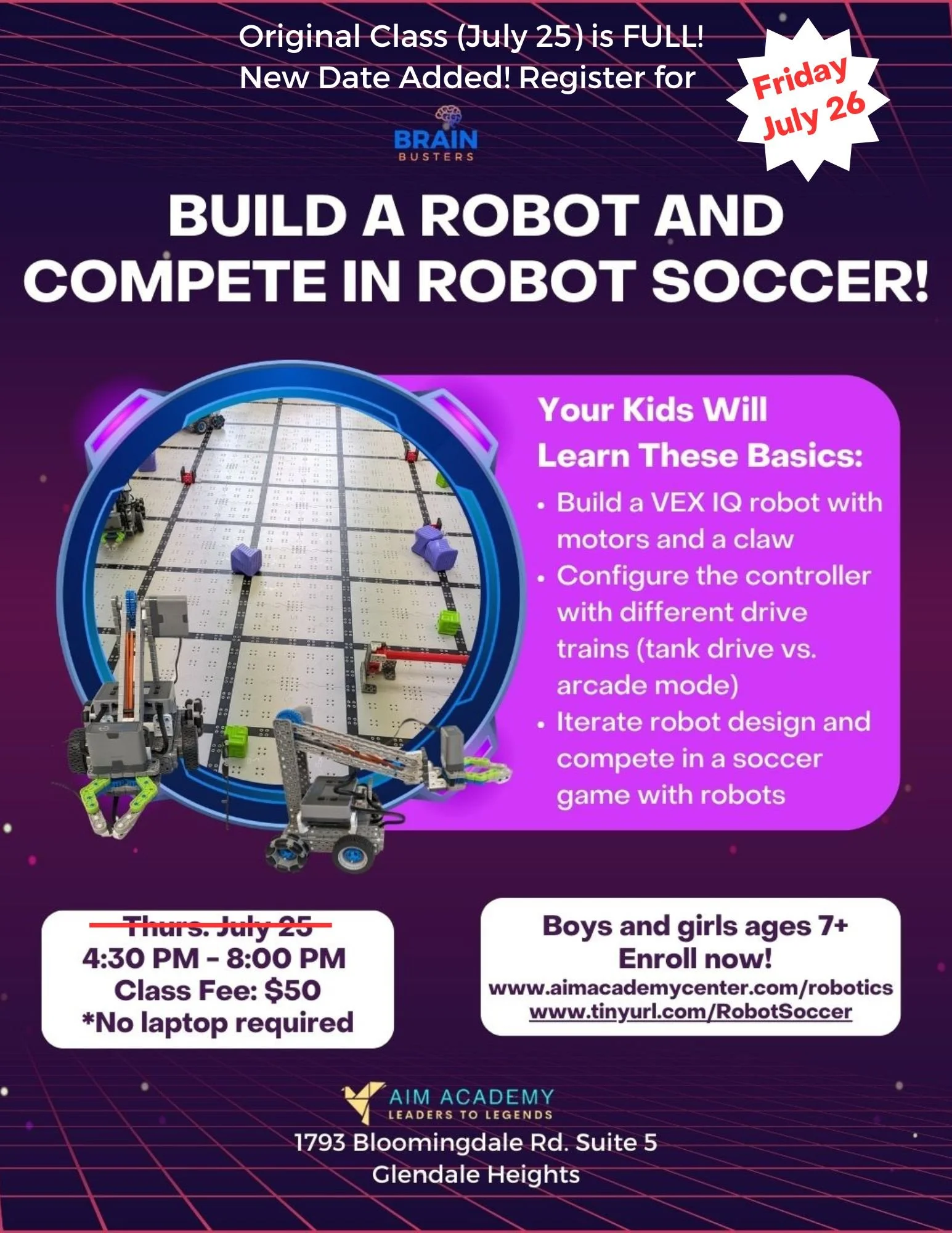 robot soccer class flyer for Brain Busters Summer 2024 program in Chicago suburbs