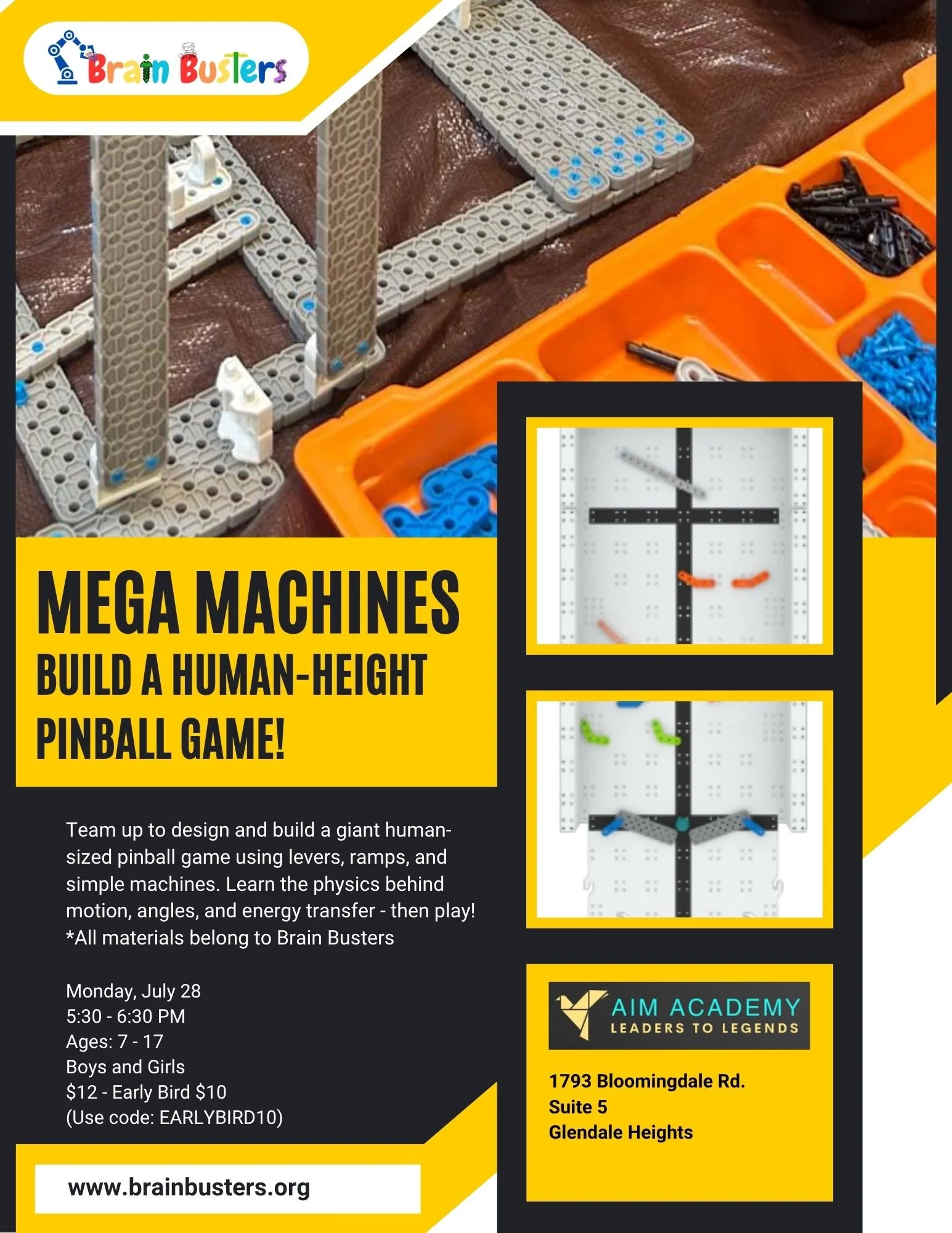 Pinball STEM class flyer for Brain Busters Summer 2025 program in Chicago suburbs