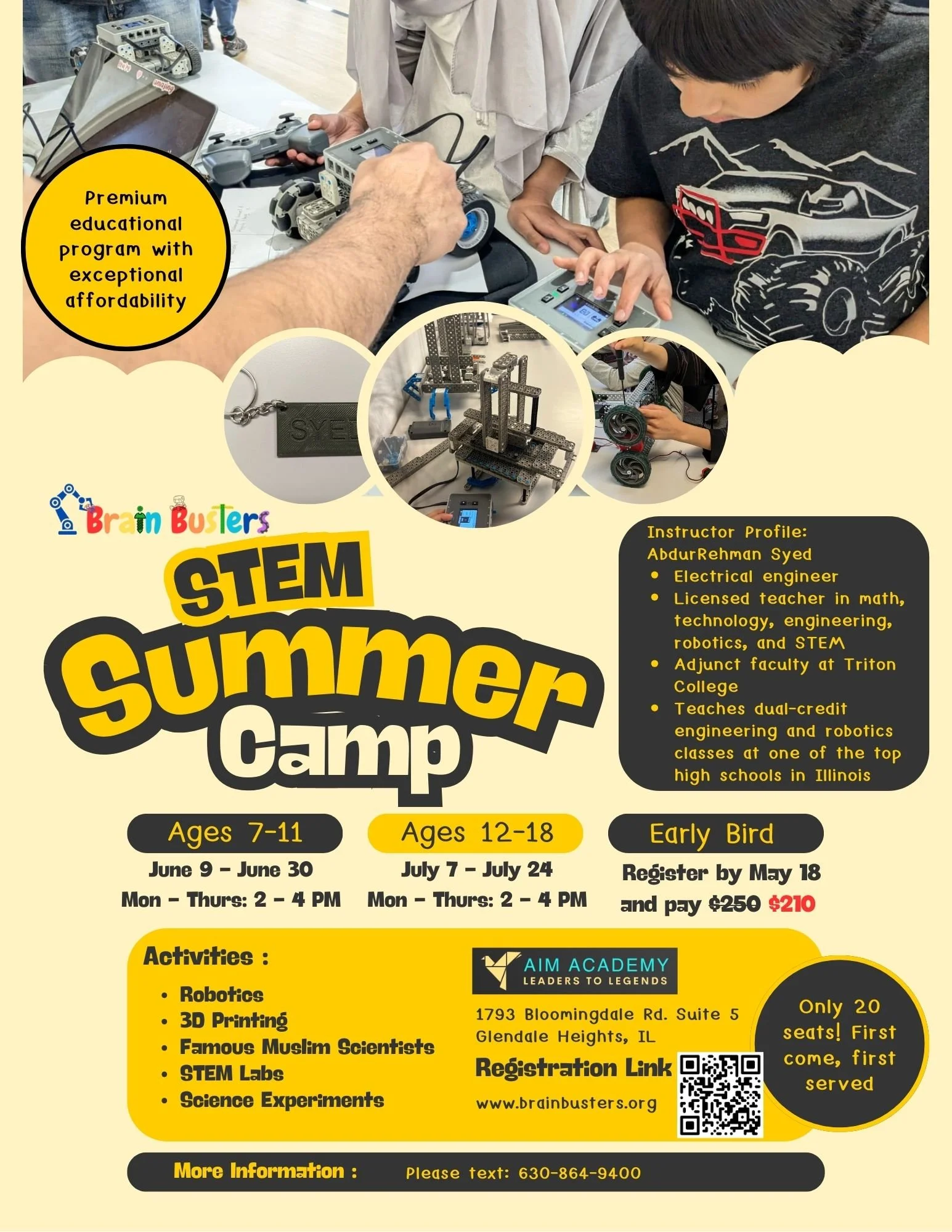 flyer for Brain Busters STEM Summer camp 2025 program in Chicago suburbs