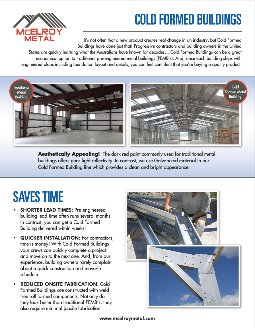 Flyer comparing traditional metal buildings to cold formed metal buildings, showing interior photos and highlighting benefits like faster installation and better appearance.