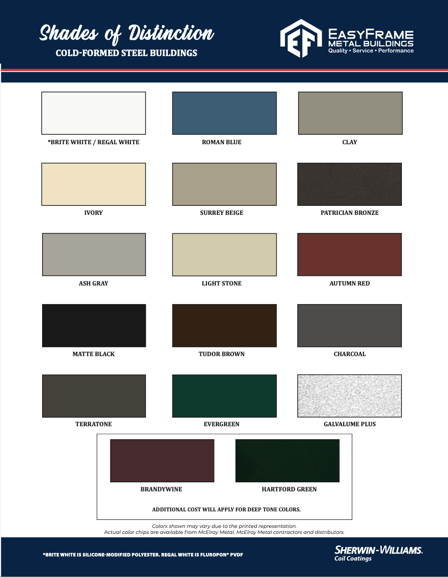 Color chart displaying shades of cold-formed steel buildings, including Brite White, Roman Blue, Clay, Ivory, Surrey Beige, Patrician Bronze, Ash Gray, Light Stone, Autumn Red, Matte Black, Tudor Brown, Charcoal, Terratone, Evergreen, Galvalume Plus, Brandywine, Hormford Green, with a note about additional cost for deep tone colors.