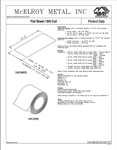 Technical document titled 'McELROY METAL, INC' featuring specifications for flat sheet and slit coil. Contains diagrams and tables with measurements, standards, and material options for steel and aluminum sheets, including applications, thicknesses, and stock details.