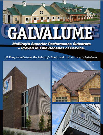 Advertisement for Galvalume metal roofing and siding products showing various buildings with metal roofs and siding.