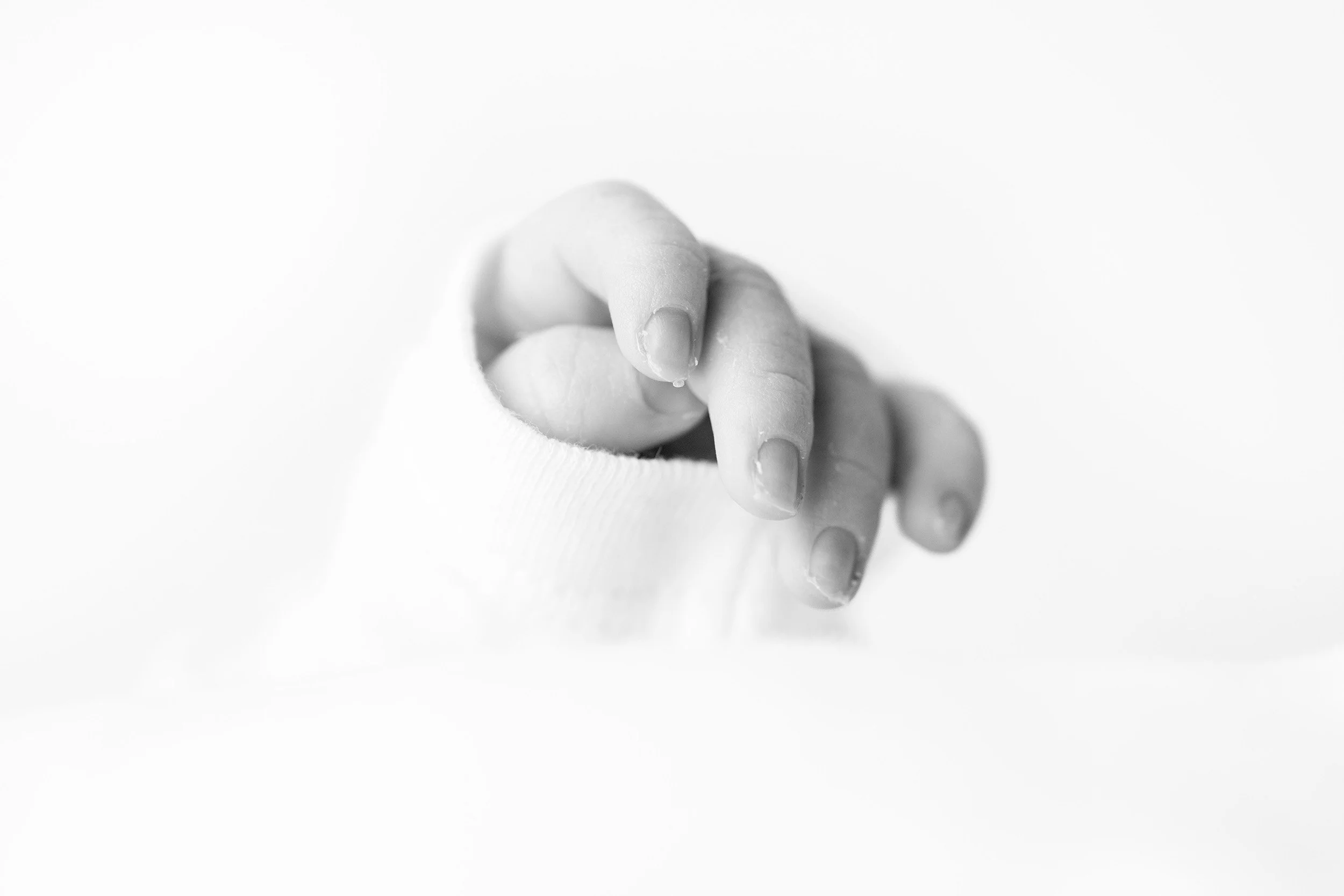 Close-up black and white photo of a baby's fingers with a white background.