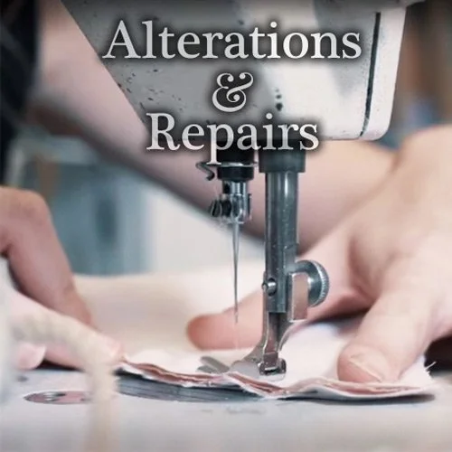 Close-up of a sewing machine sewing fabric with the text 'Alterations & Repairs' overlaid.