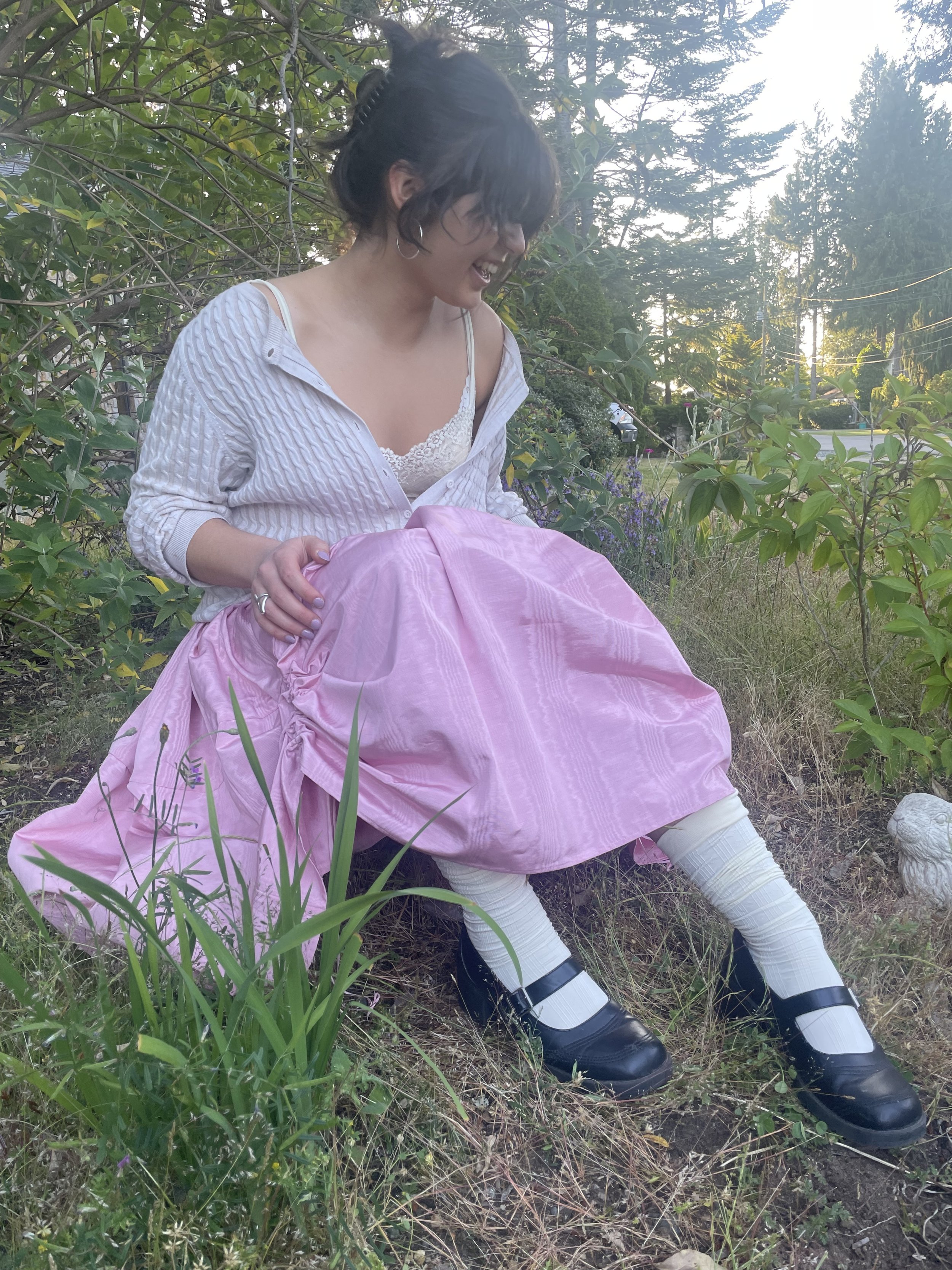Custom pink taffeta skirt with drawstring scrunch