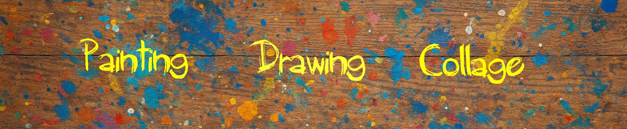 Colorful splattered paint background with yellow text reading "Painting Drawing Collage".