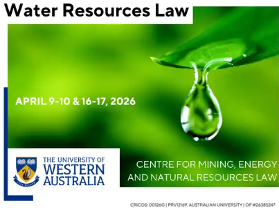 Water Resources Law event poster from the University of Western Australia, scheduled for April 9-10 and 16-17, 2026, featuring a green leaf with a water droplet.