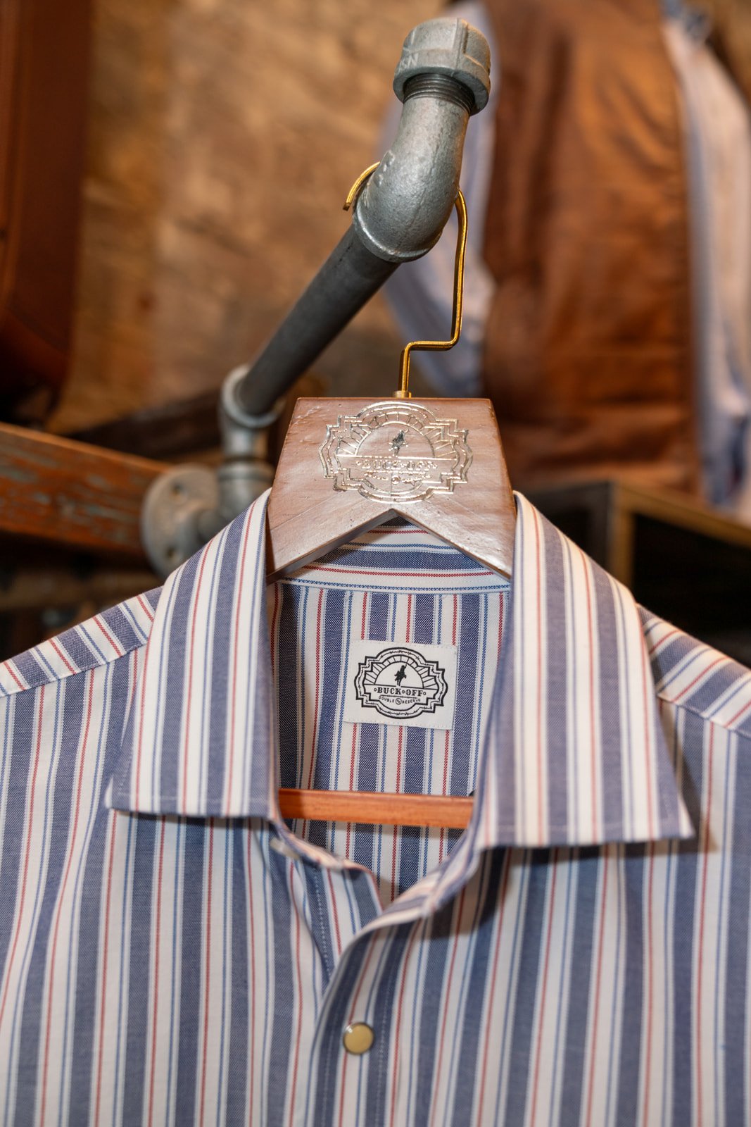 Buck Off SS Pearl Snap Shirt (Red/Navy Oxford Stripe)