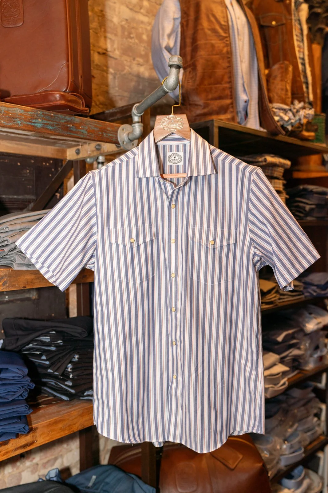 Buck Off SS Pearl Snap Shirt (Red/Navy Oxford Stripe)