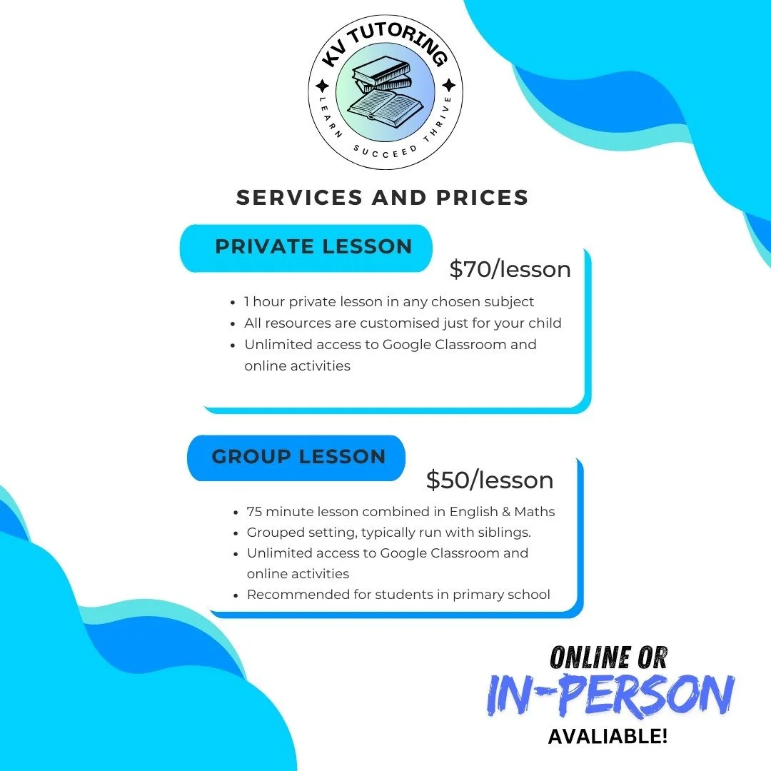 📚 Discover tailored learning solutions with KV Tutoring! 🎓 From personalised private lessons to engaging group sessions, we cater to students in primary and high school across a variety of subjects. Flexible online and in-person options available t